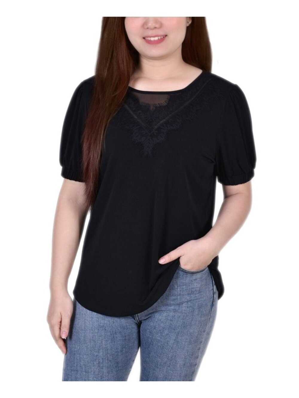 NY Collection Womens Petites Lace Neckline Puff Sleeve Blouse Black Size PS NWT
